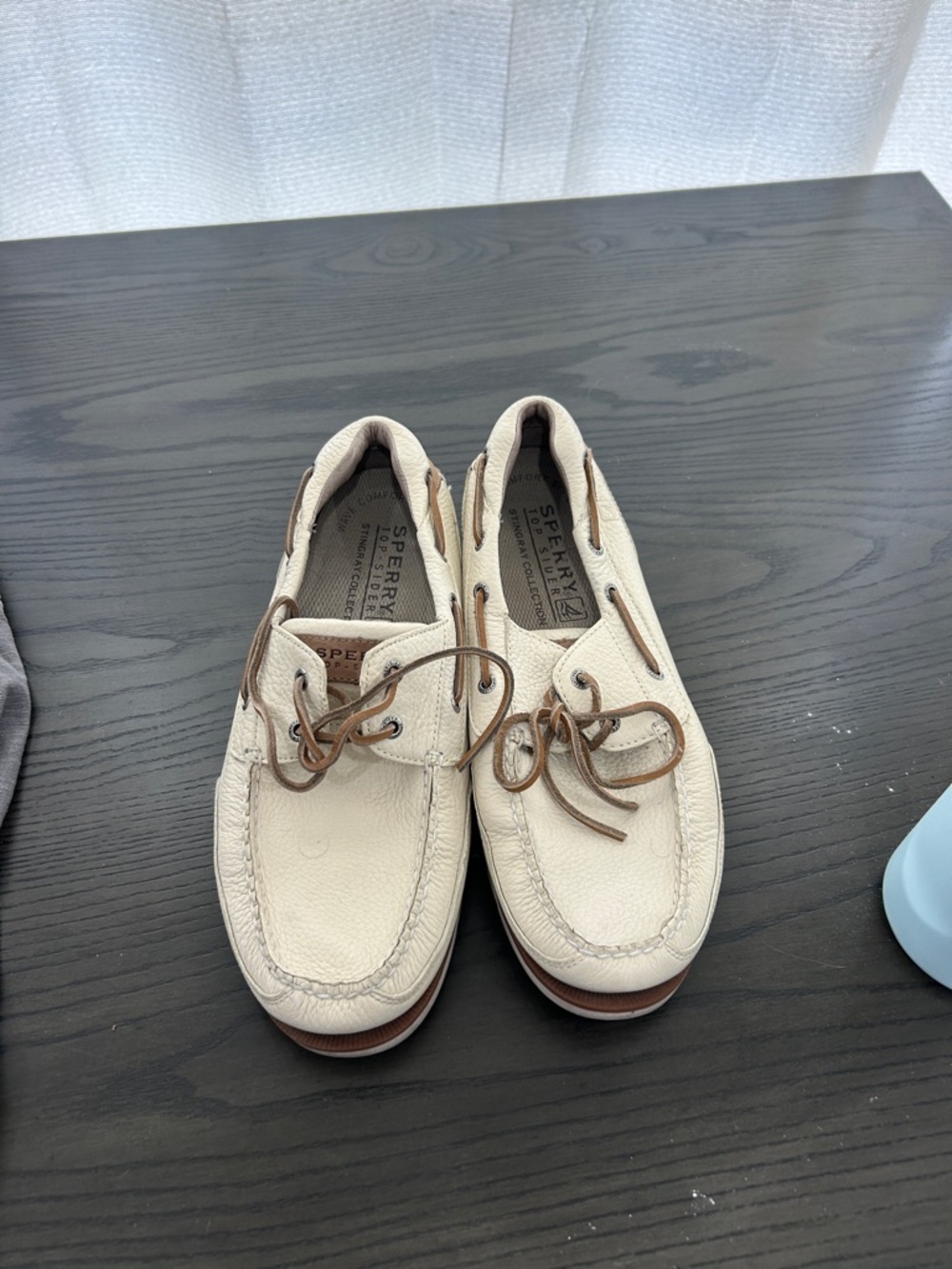Sperry Cream Leather Boat Shoes with Brown Laces